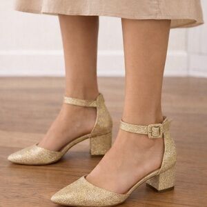 Tinstree Gold Glitter Heels Ankle Strap Block Heel Pumps Size 8 Evening